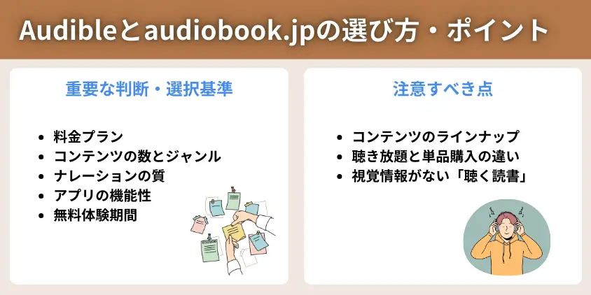 Audibleとaudiobook.jpの選び方・ポイント