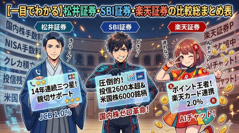 【一目でわかる】松井証券・SBI証券・楽天証券の比較総まとめ表