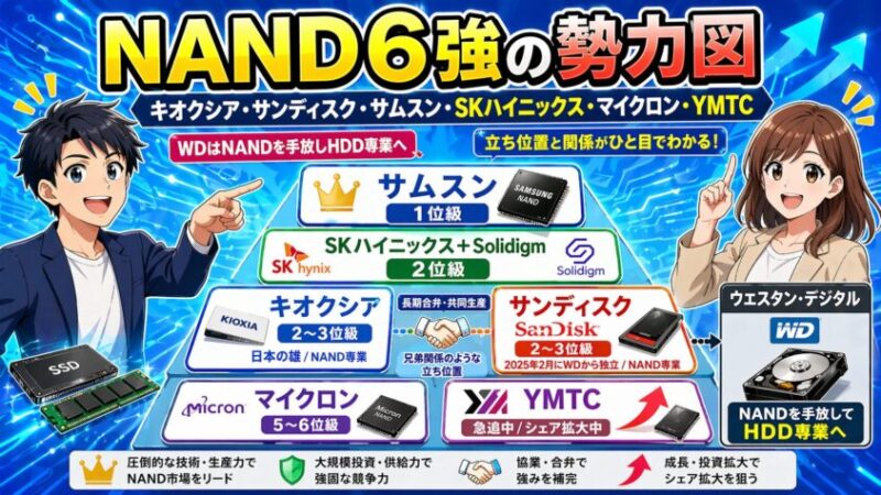 NAND6強の勢力図｜キオクシア・サンディスク・サムスン・SKハイニックス・マイクロン・WD