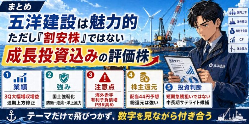 まとめ｜五洋建設は魅力的。ただし「割安株」ではなく「成長投資込みの評価株」