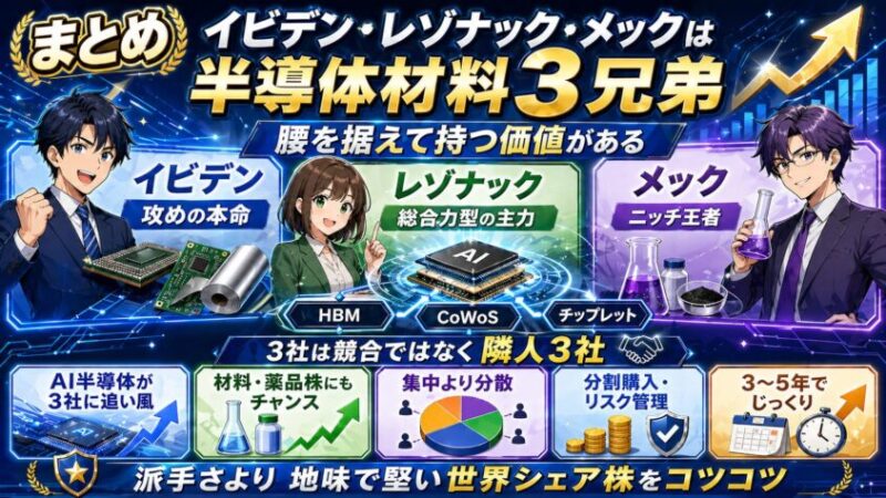 まとめ──イビデン・レゾナック・メックは「半導体材料3兄弟」として腰を据えて持つ価値がある