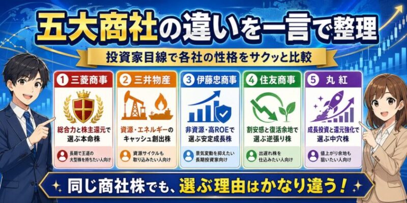 五大商社（三菱商事、三井物産、伊藤忠商事、住友商事、丸紅）の違いを一言で整理