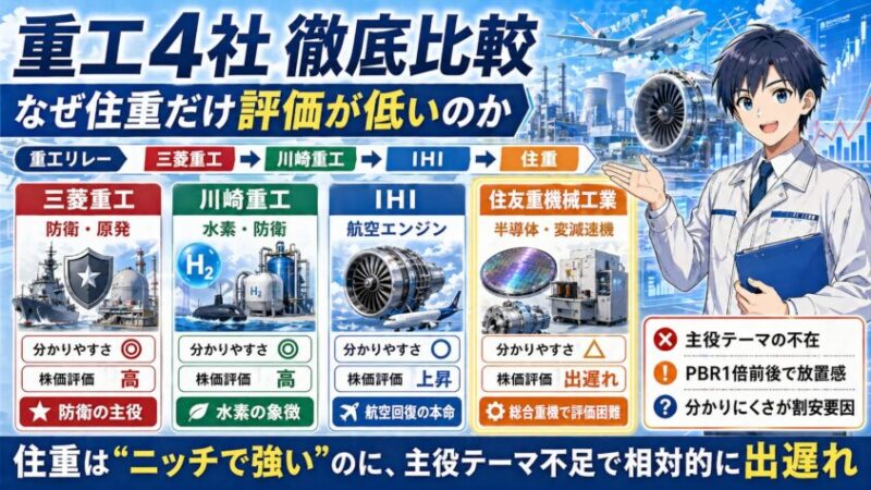 重工4社（三菱重工・川崎重工・IHI・住重）徹底比較｜なぜ住重だけ評価が低いのか