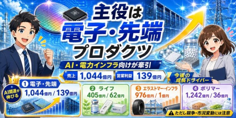 デンカ(4061)セグメント別に見ると、主役は電子・先端プロダクツ