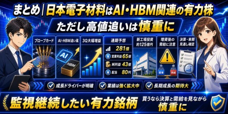 まとめ｜日本電子材料はAI・HBM関連の有力株。ただし高値追いは慎重に