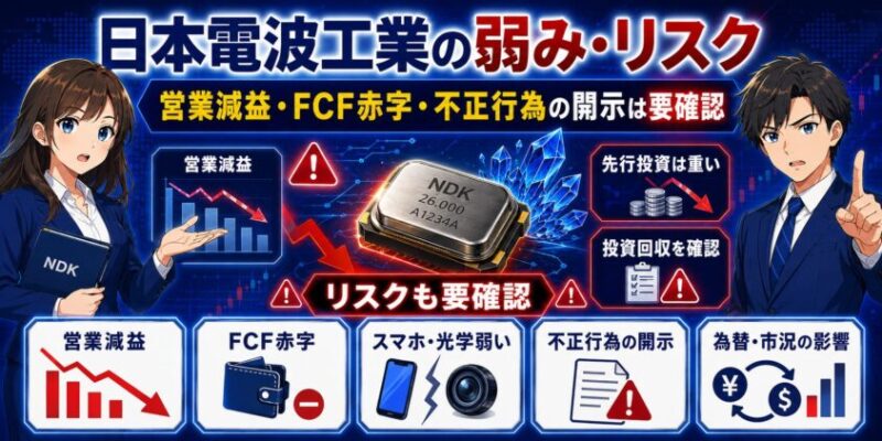 日本電波工業の弱み・リスク|営業減益、FCF赤字、不正行為の開示は要確認