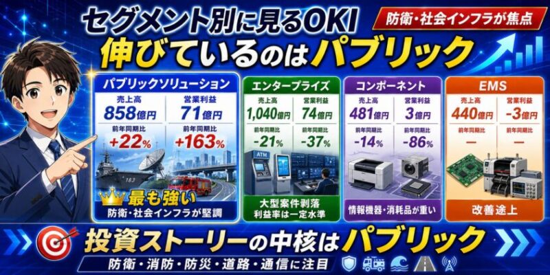 セグメント別に見るOKI：伸びているのはパブリック、防衛・社会インフラが焦点