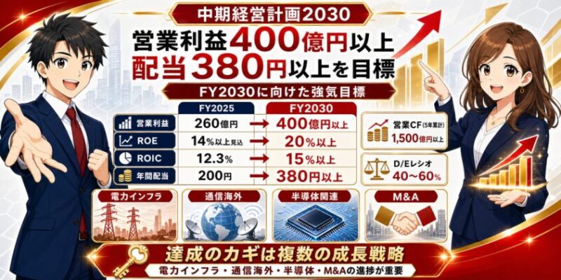 SWCCの中期経営計画2030｜営業利益400億円以上、配当380円以上を目標