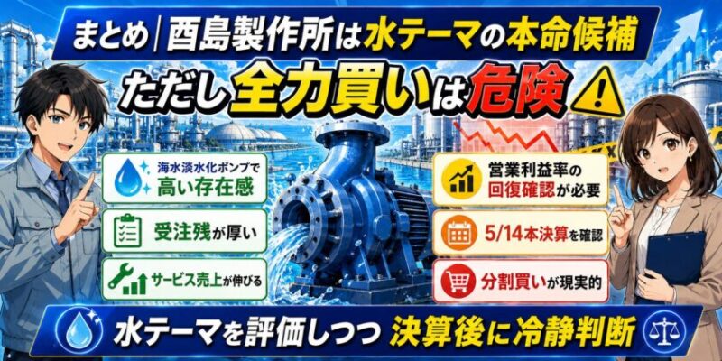 まとめ｜酉島製作所は水テーマの本命候補。ただし全力買いは危険