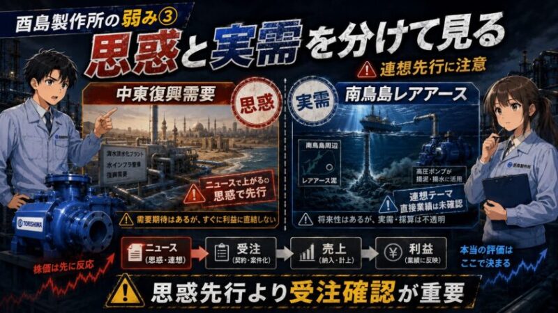 酉島製作所の弱み③ 中東復興・南鳥島レアアースは「思惑」と「実需」を分ける必要がある
