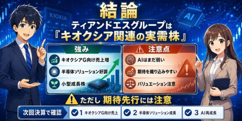 結論｜ティアンドエスグループは「キオクシア関連の実需株」。ただし期待先行には注意