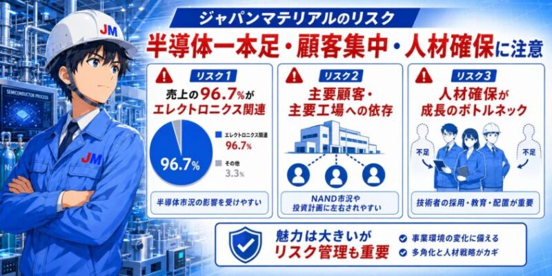 ジャパンマテリアルのリスク|半導体一本足・顧客集中・人材確保に注意