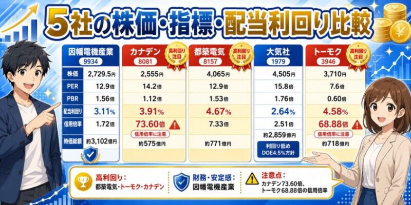 5社の株価・指標・配当利回り比較