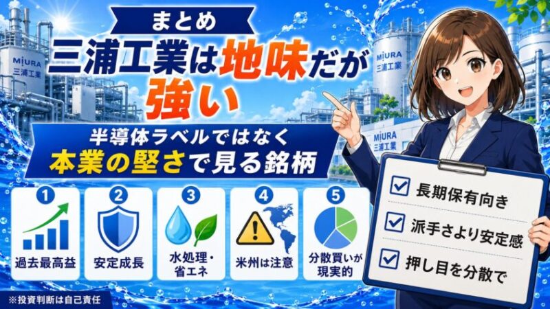 まとめ:三浦工業は地味だが強い。半導体ラベルではなく本業の堅さで見る銘柄
