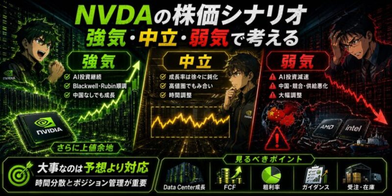 NVDAの株価シナリオ:強気・中立・弱気で考える