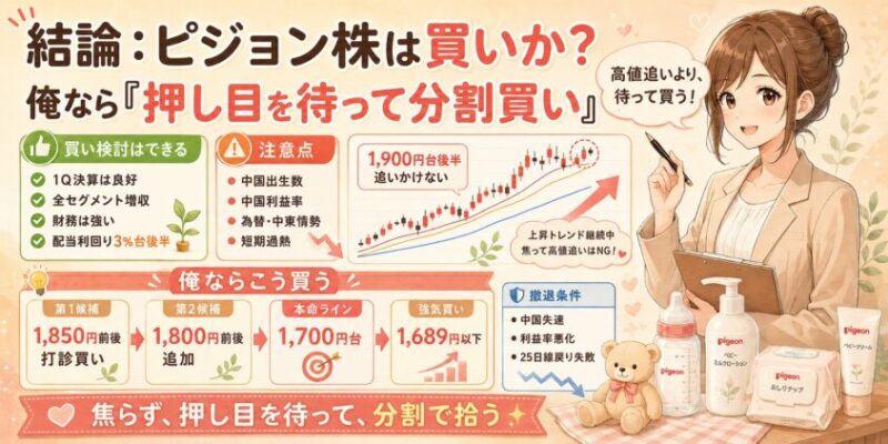 結論:ピジョン株は買いか?俺なら「押し目を待って分割買い」