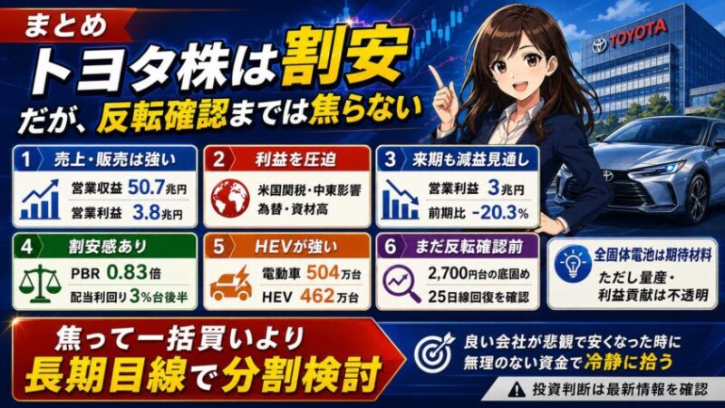 まとめ:トヨタ株は割安だが、反転確認までは焦らない