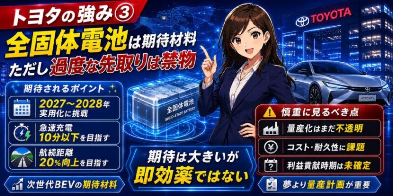 トヨタの強み③:全固体電池は期待材料。ただし過度な先取りは禁物