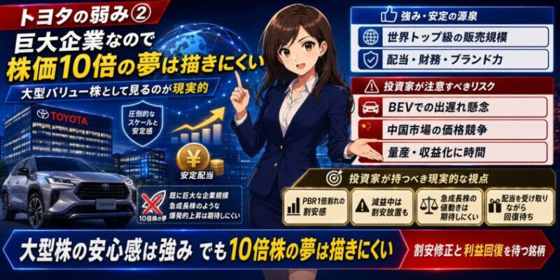 トヨタの弱み②:巨大企業なので株価10倍の夢は描きにくい