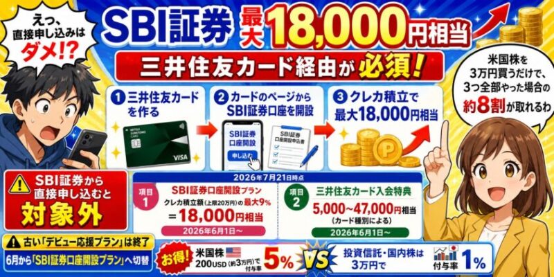 SBI証券|最大18,000円相当(三井住友カード経由が必須)