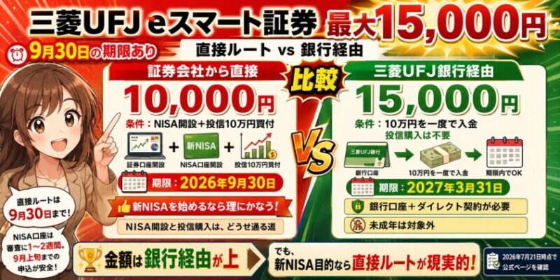 三菱UFJ eスマート証券|最大15,000円(9月30日の期限あり)