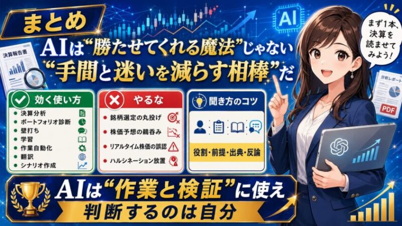 まとめ｜AIは"勝たせてくれる魔法"じゃない。"手間と迷いを減らす相棒"だ