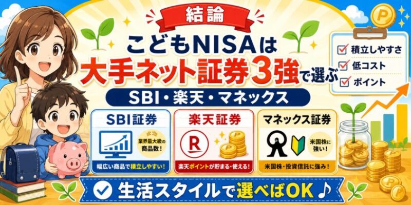 結論:こどもNISAの証券会社は「つみたて投資枠で強い大手ネット証券」から選べば外さない