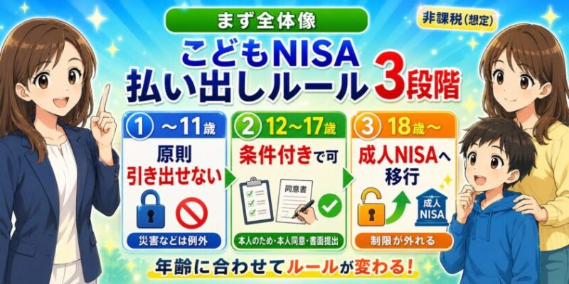 まず全体像:こどもNISAの「払い出しルール」を年齢帯で3段階に整理