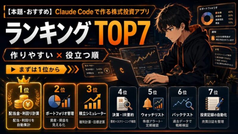 【本題・おすすめ】Claude Codeで作る株式投資アプリ ランキングTOP7(作りやすい×役立つ順)