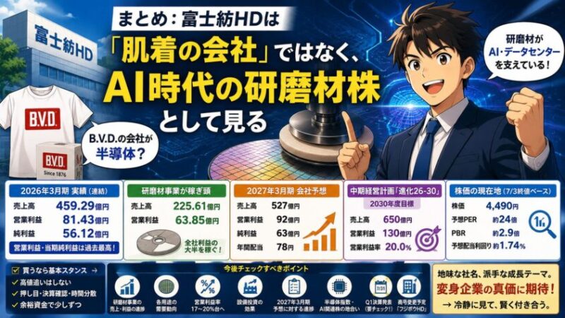 まとめ:富士紡HDは「肌着の会社」ではなく、AI時代の研磨材株として見る