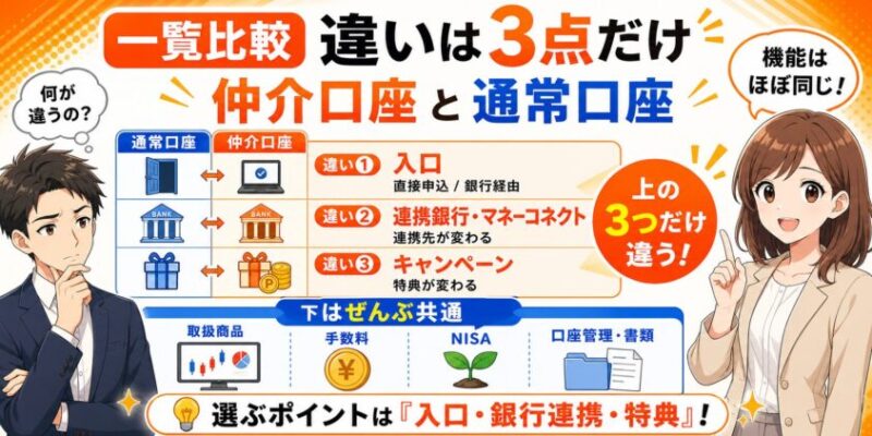 【一覧比較】仲介口座と通常口座の違いは"3点"だけ
