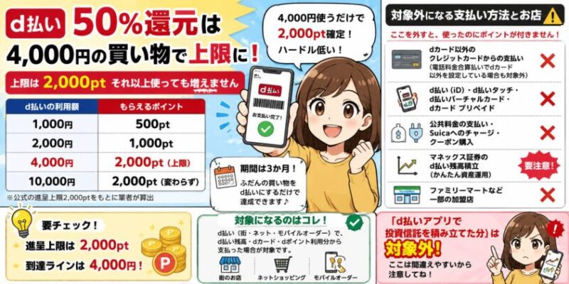 d払い50％還元は「4,000円の買い物」で上限に届きます