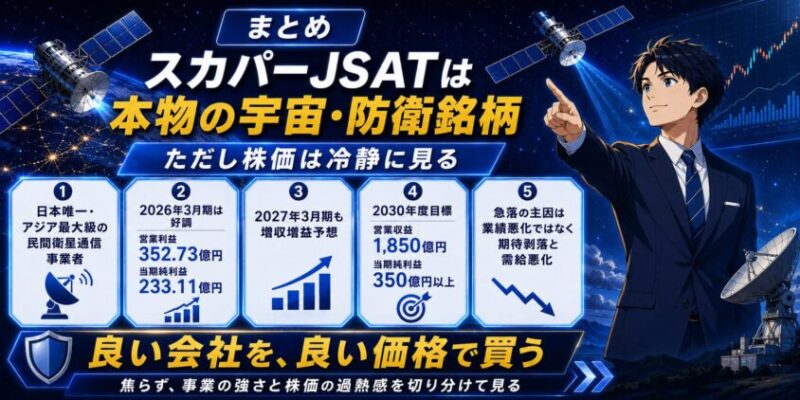 まとめ：スカパーJSATは本物の宇宙・防衛銘柄。ただし株価は冷静に見る