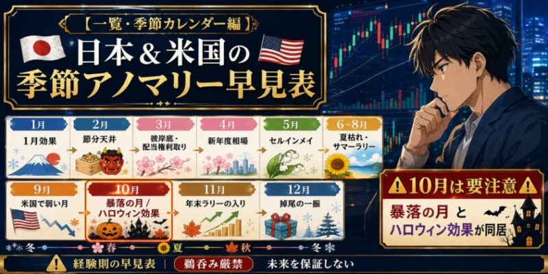 【一覧・季節カレンダー編】日本&米国の季節アノマリー早見表
