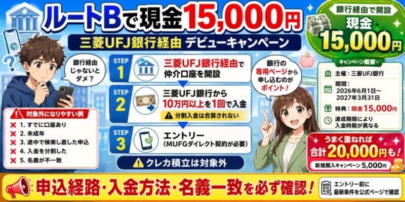 ルートB|三菱UFJ銀行経由のデビューキャンペーンで現金15,000円