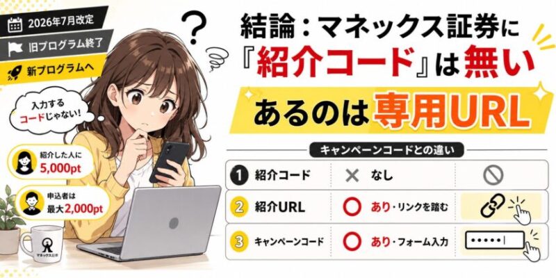 結論:マネックス証券に「紹介コード」は無い。あるのは専用URL