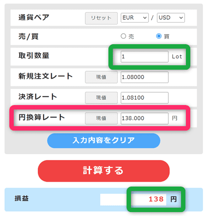 ヒロセ通商のロット計算ツールでユーロ/米ドルの計算式