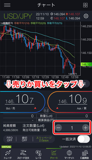 売りor買いを選択して発注完了