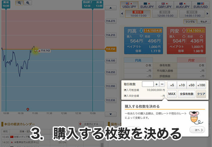 バイナリーオプションの購入手順3.購入する枚数を決める