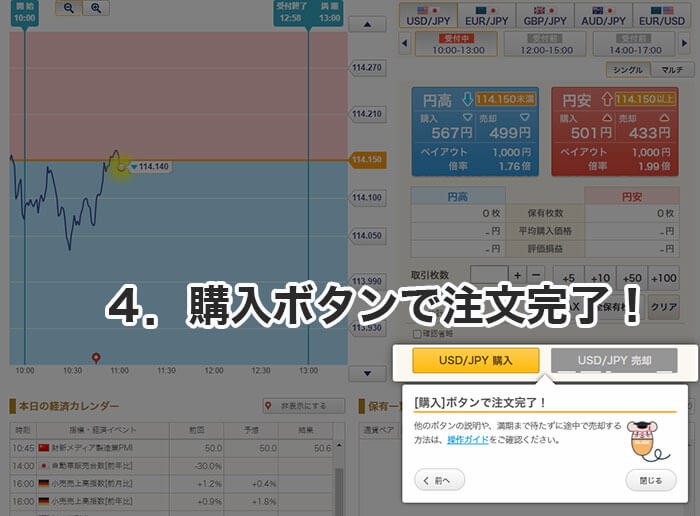 バイナリーオプションの購入手順4.購入ボタンで注文完了