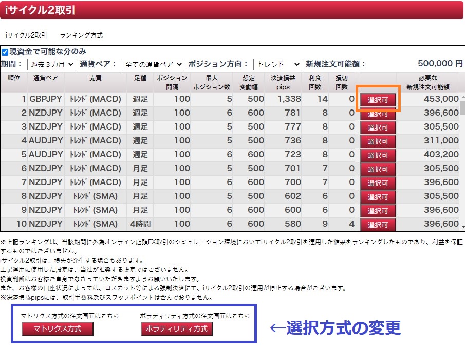 【選択可】をクリックして売買プログラムを選ぶ