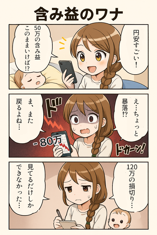 ■1コマ目：きっかけ・背景
【セリフ／モノローグ】
「円安すごい！これ、私もやったら儲かるんじゃ…！？」
（スマホで為替チャートを見ながら、目を輝かせる主婦）
→【ナレーション】
「育休中、収入ゼロの私が手を出したのは “ドル円ロング”」

【ビジュアル】
明るい雰囲気、赤ちゃんを横に寝かせ、スマホ片手にワクワクしている様子。

■2コマ目：絶頂からの転落
【セリフ／モノローグ】
「50万円も含み益出てる…このままいけば…！」
↓
（次の吹き出し）
「え…ちょっと待って、暴落！？ ま、まだ戻るよね…？」

→【ナレーション】
「利益確定のチャンスを逃し、私はただ “見てるだけ” だった」

【ビジュアル】
顔が引きつり、チャートが暴落していく様子。スマホを持つ手が震えている。
背景は不穏な赤系トーンで「ドカーン！」と急落チャートが映える。

■3コマ目：後悔と学び（読者への教訓）
【セリフ／モノローグ】
「120万円損切り…どうしてあのとき決済しなかったの…」
（赤ちゃんのミルク代の計算してため息）